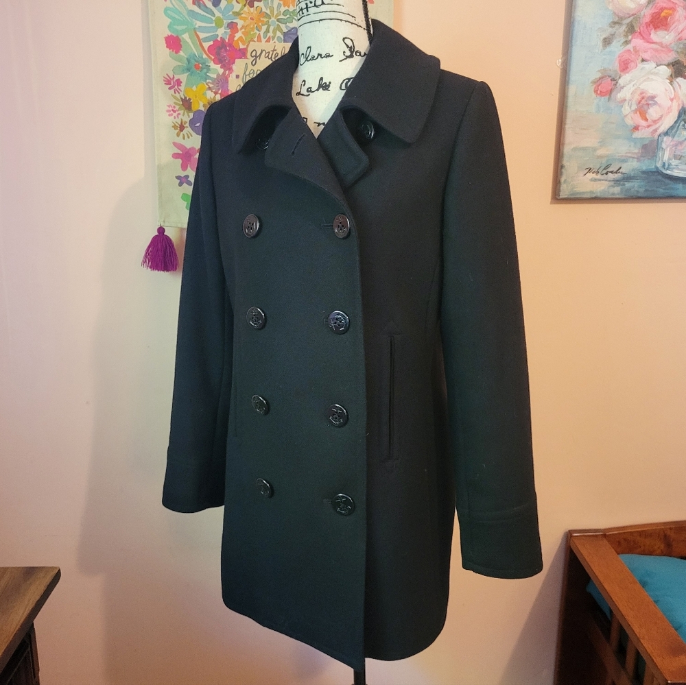Trina Turk MSRP $589 Lambswool Blend Double- Breasted Black Pea Coat, 10, EUC